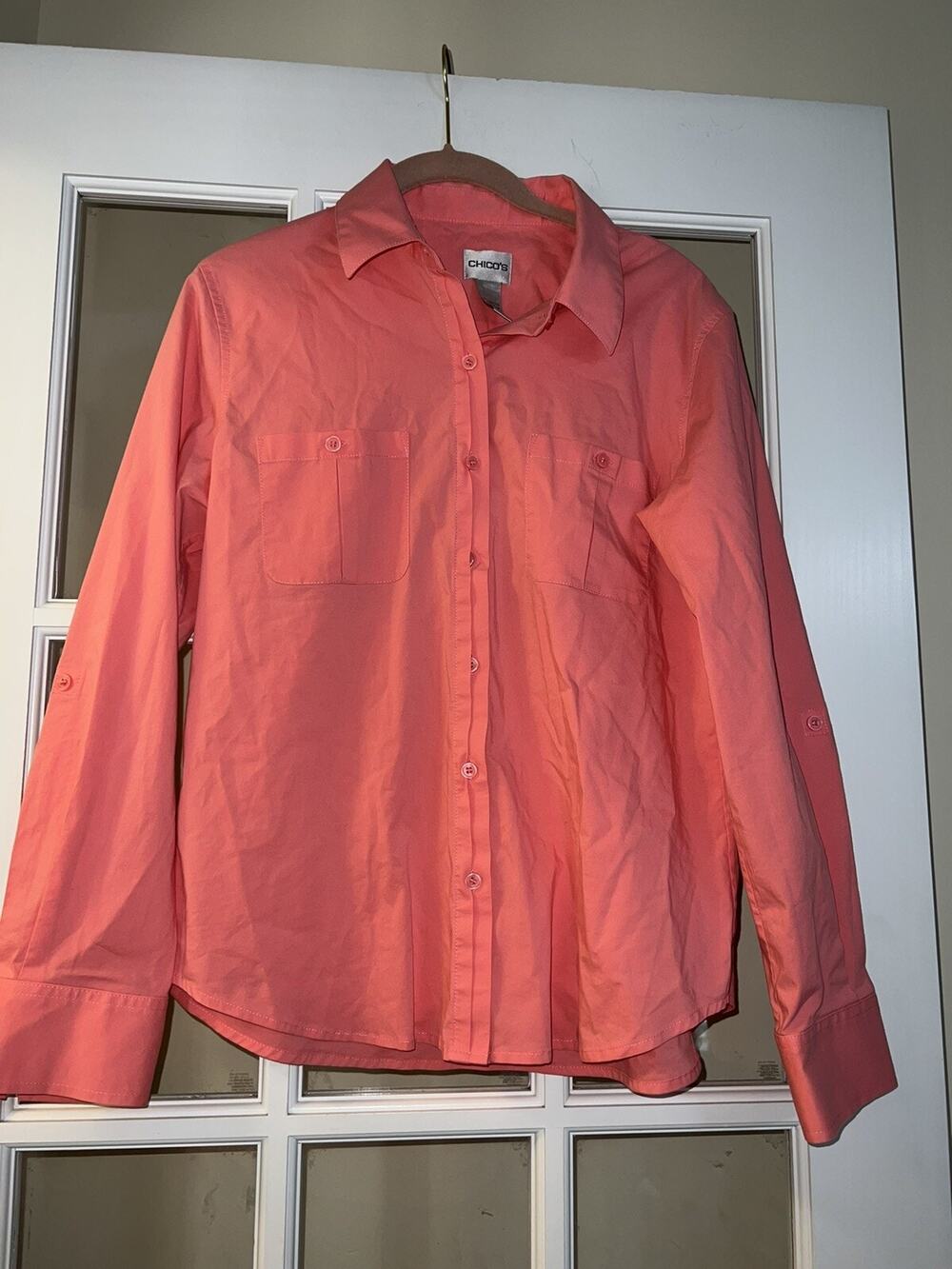 Chico’s womens coral long sleeve button down collared blouse chicos sz 1